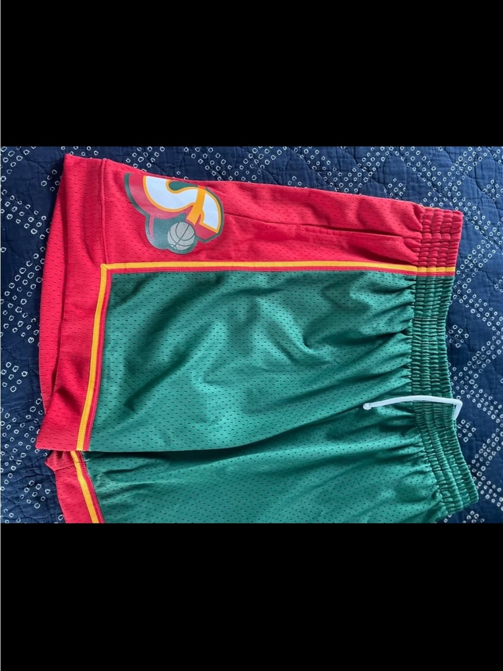 Mitchell & Ness Green and Red Athletic Shorts with Yellow Trim